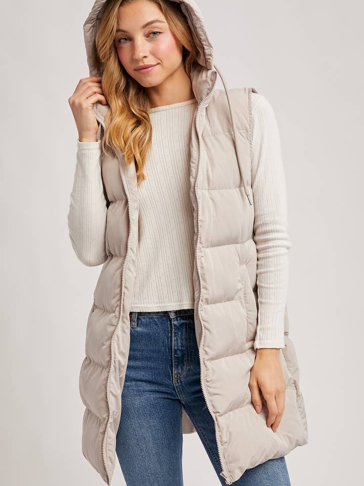 Bluivy - Wholesale Outerwear Vest - Women's - HOODED ZIPPER DOWN LONGLINE PUFFER VEST1