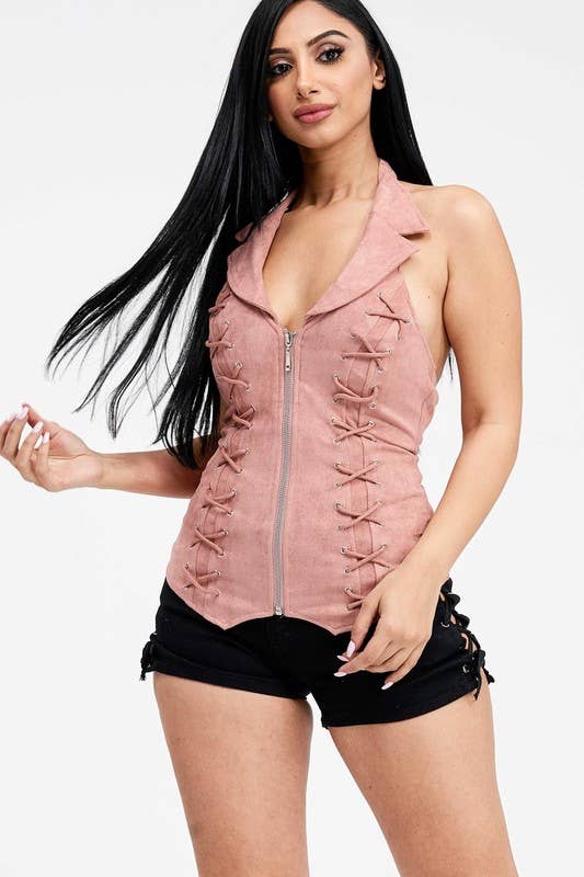 Lydia USA - Wholesale Blouse - Women's - Lace Up Collar Halter Suede Top5