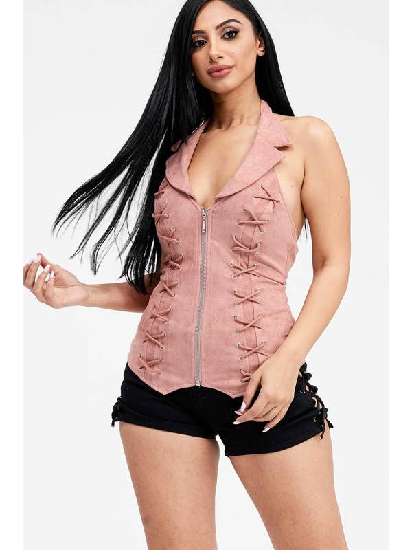 Lydia USA - Wholesale Blouse - Women's - Lace Up Collar Halter Suede Top5