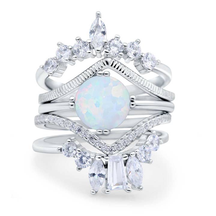 Trio Set Three Piece Bridal Round Lab Created White Opal Wedding Ring for wholesale by Blue Apple Imports