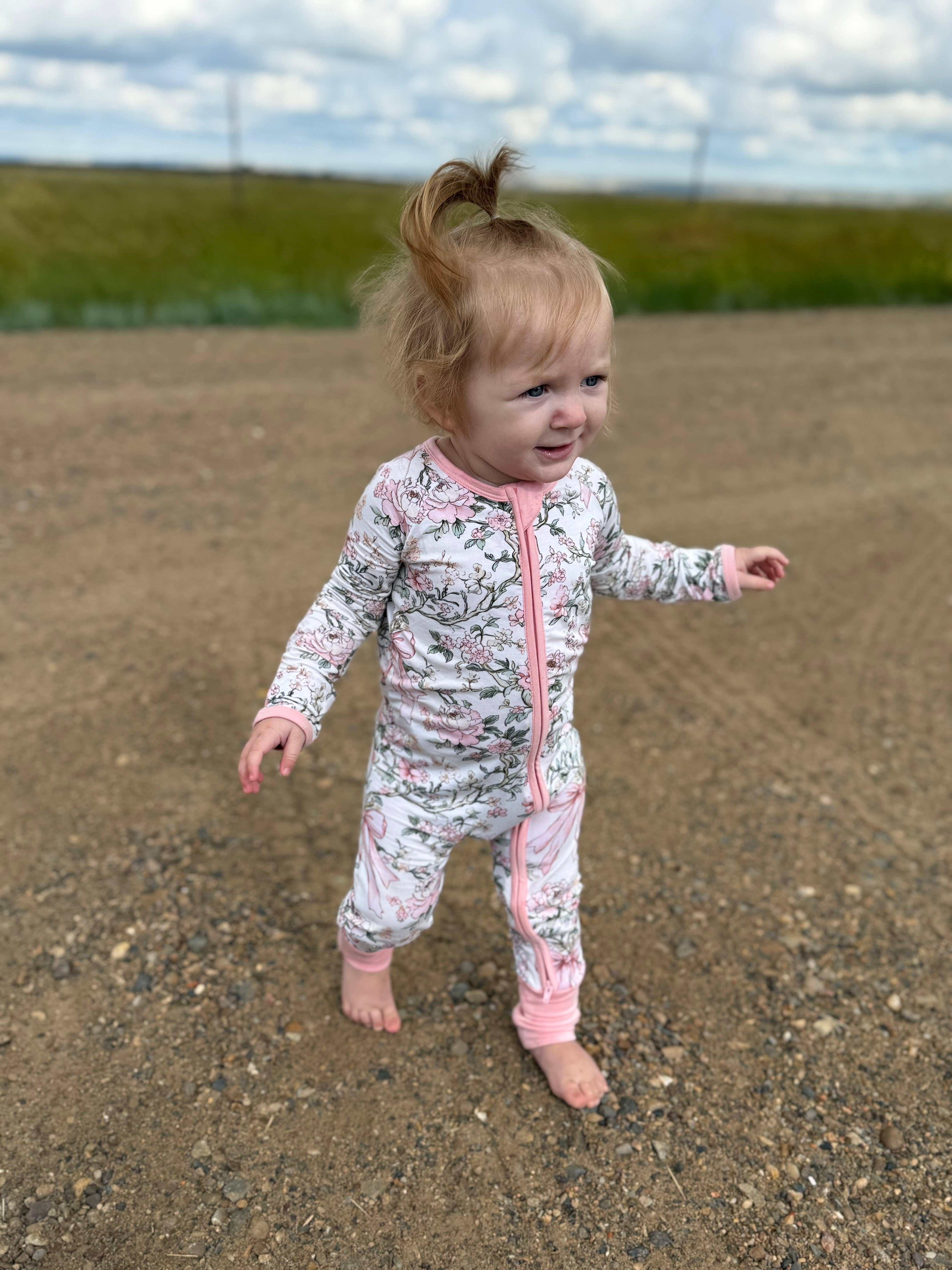 Little Sprouts Clothing - Wholesale Jumpsuit - Baby -  Pink Peonies - Convertible Zipper Romper1