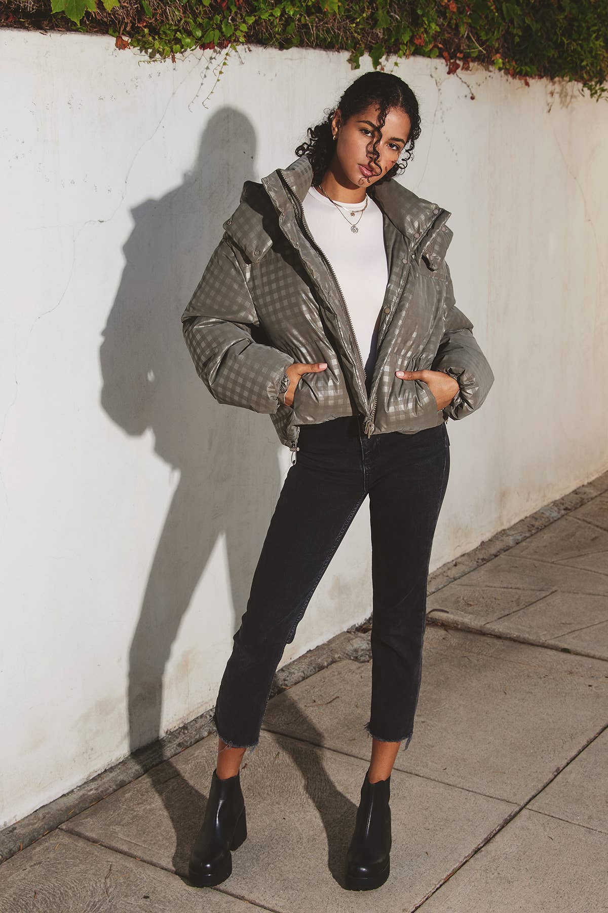 MOCHA GREY Plaid Puffer Jacket (1) for wholesale on Faire3