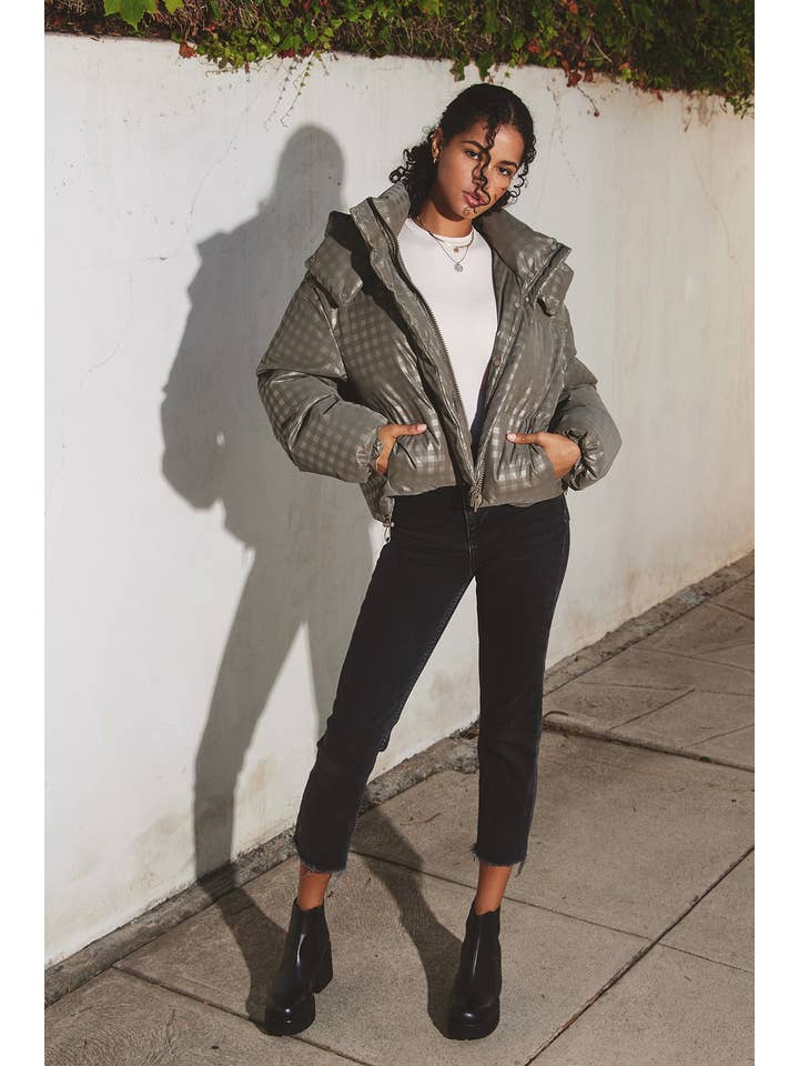 MOCHA GREY Plaid Puffer Jacket (1) for wholesale on Faire3