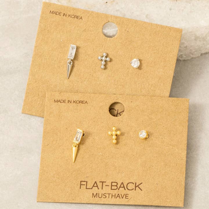 Gold Dipped Mixed Flat Back Cz And Cross 3Pc Stud Earrings Set for wholesale by Fame Accessories