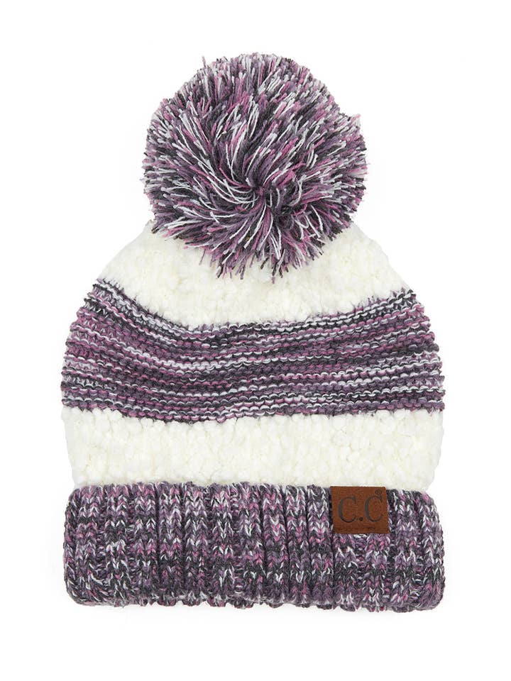 Popcorn Yarn Pom Beanie - Violet/White for wholesale by Funky Junque