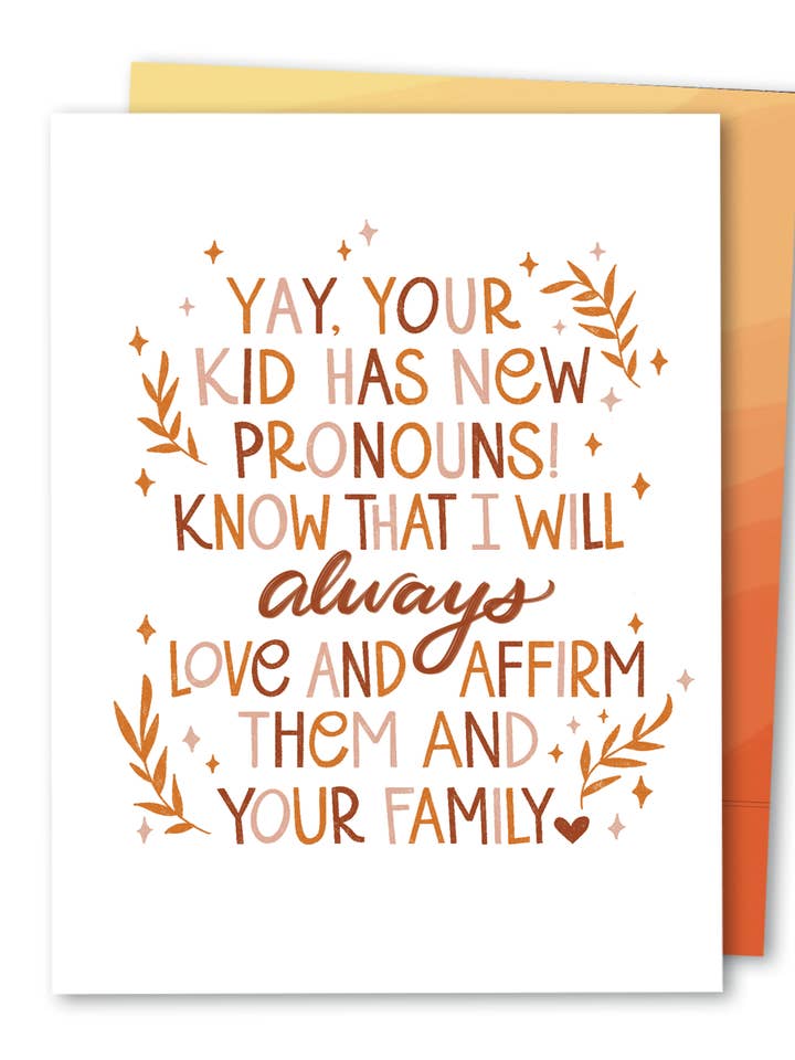 Nuevos pronombres | Tarjeta de apoyo al orgullo de los padres transgénero LGBTQIA para venta al por mayor de The Noble Paperie