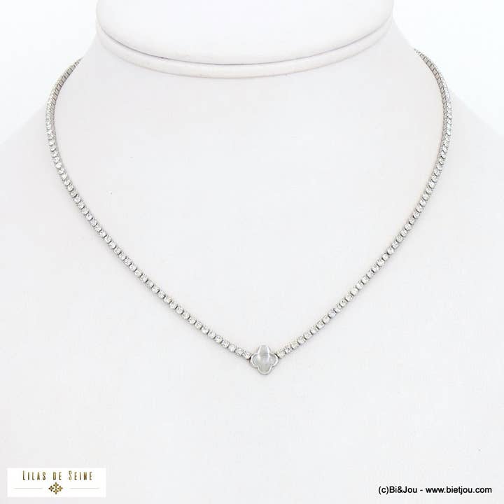 Short necklace with clover pendant, steel, rhinestone chain 0122548 for wholesale by Lilas de Seine