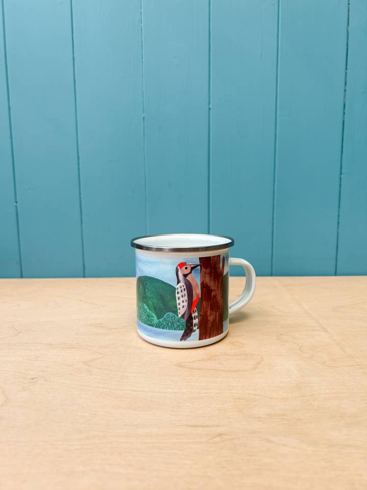 Hand-Printed Woodpecker Enamel Camping Mug for wholesale by Siobhan Watt