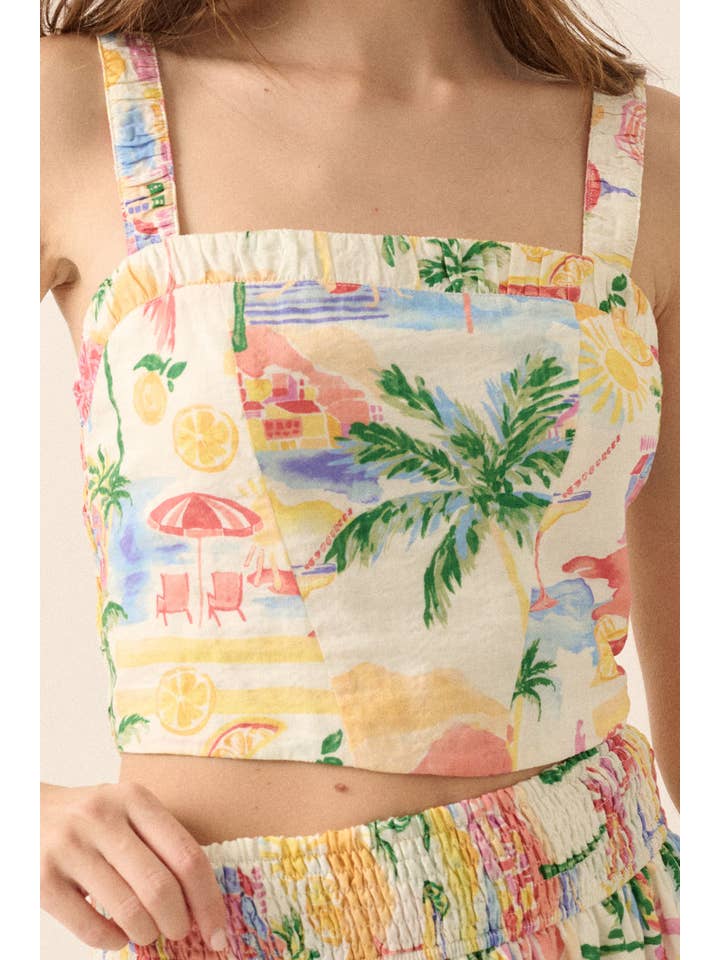 Cream Tropical Watercolor-Print Cropped Cami Top for wholesale on Faire