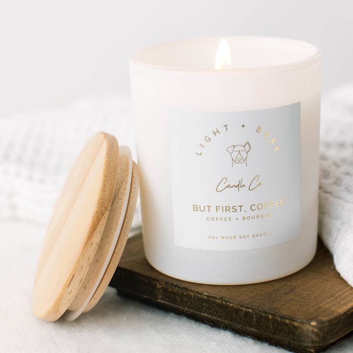 But First, Coffee 10oz Candle | White Glass Jar Soy Candle for wholesale by Light + Bark Candle Co.