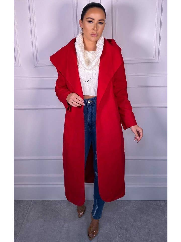 Femme Luxe - Vente Manteau – femme - Manteau long ceinturé rouge style duster à effet cascade - Femme Luxe1