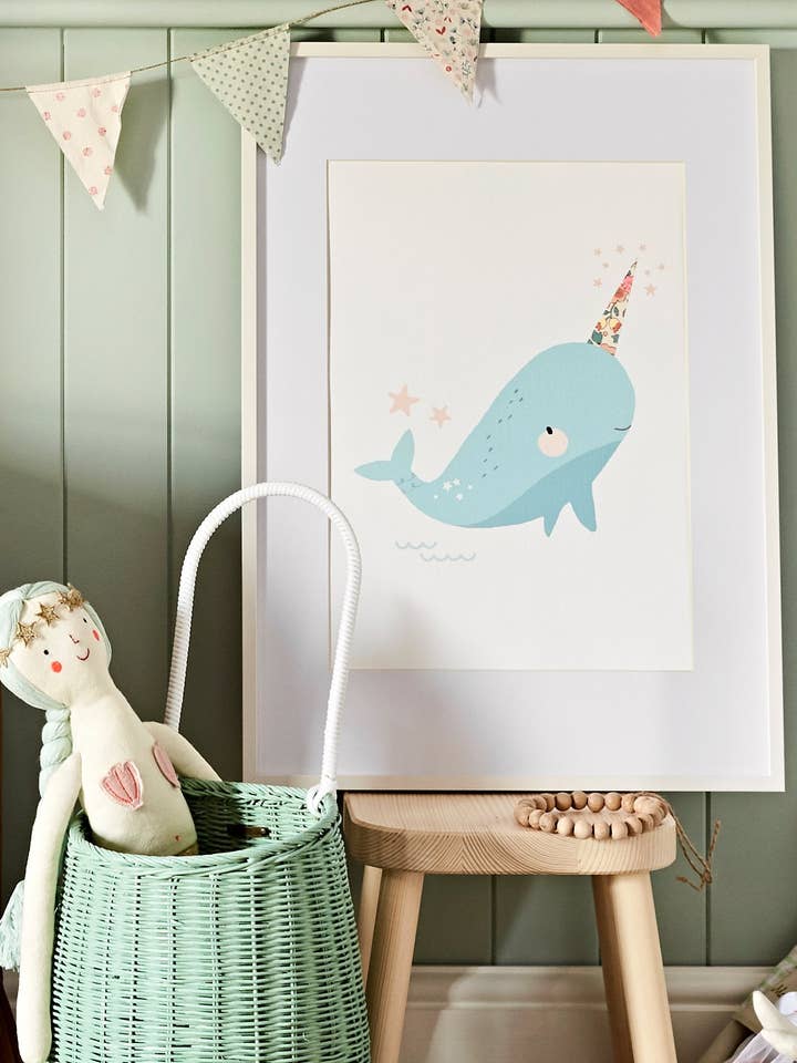 Arte infantil Narwhal, hecho con tela Liberty para venta al por mayor de The Charming Press