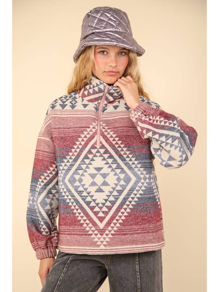 VERY J - Wholesale Sweatshirt - Women's - NT11854-Aztec Printed Henley Woven Pullover Top