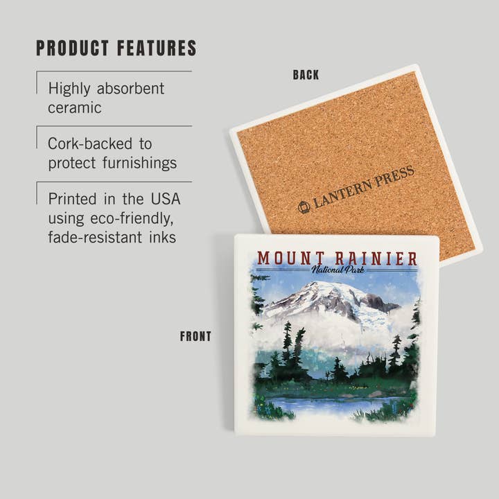 Lantern Press - Wholesale Coasters - CERAMIC COASTER Mount Rainier, Washington, Watercolor2