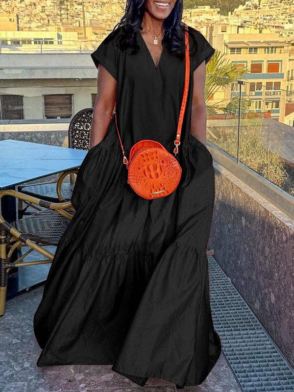 Chicto - Wholesale Dress - Women's - Loose Short Sleeves Pleated Pockets Solid Color Split-Joint V-Neck Maxi Dresses2