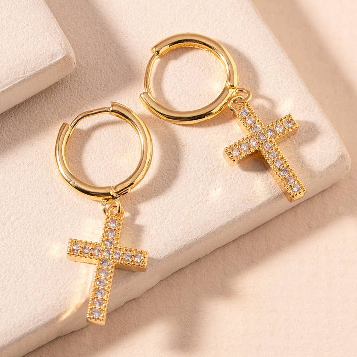 Huggie Cross Dangling Earrings Huggie Earrings CZ Gold Hypoa for wholesale by Verita Lane