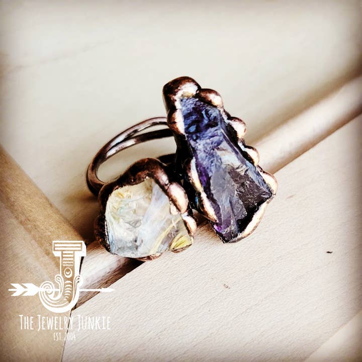 The Jewelry Junkie - Wholesale Cocktail/Statement Ring - Genuine Amethyst and Quartz Ring in a Copper Setting 012a