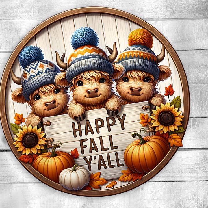 Vache Highland d'automne UV vibrante imprimée sur bois pour accrocher à la porte pour la vente par Kate's Blanks