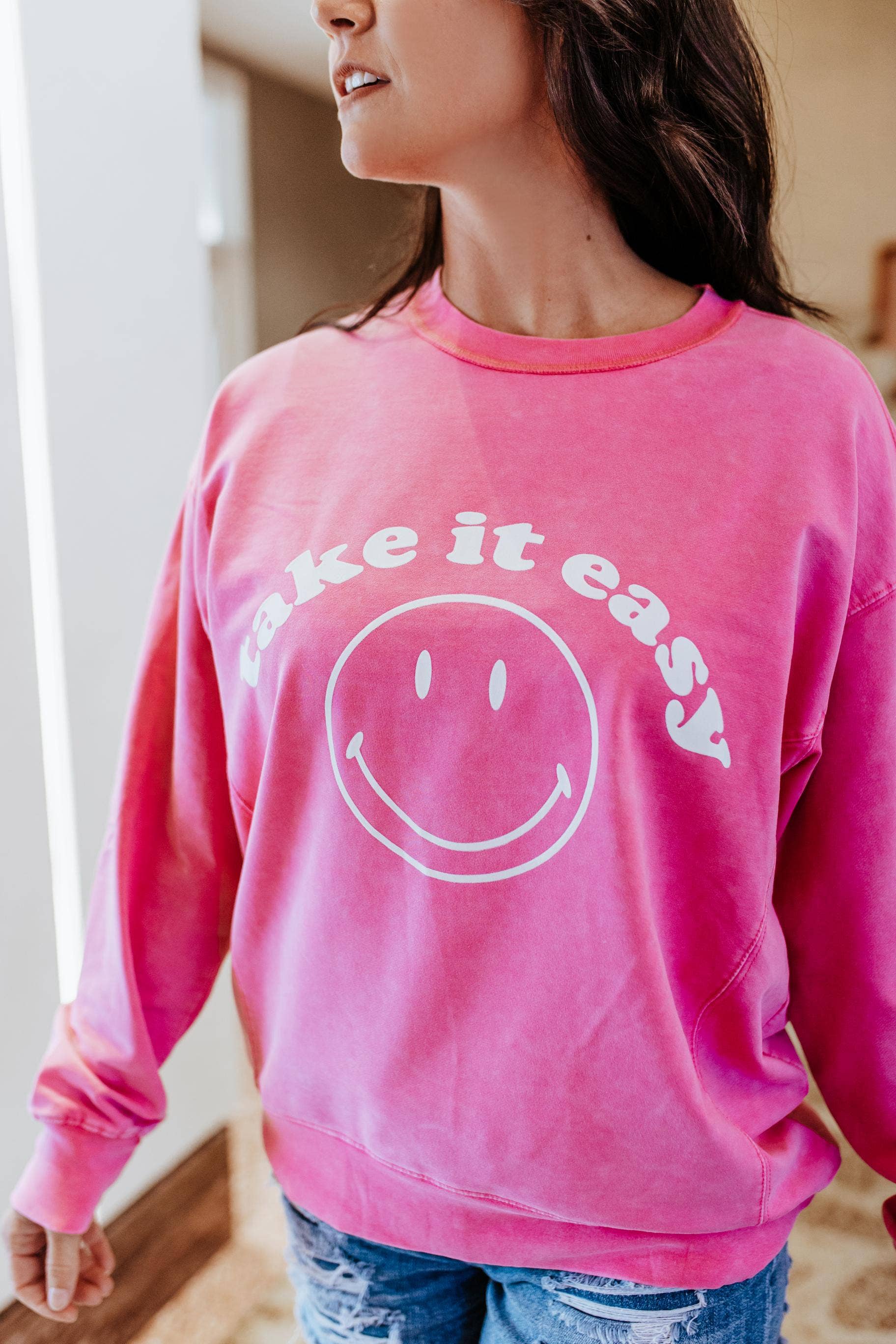 Pink MK301 Take it Easy Smiley Face Acid Washed Sweatshirt for wholesale on Faire