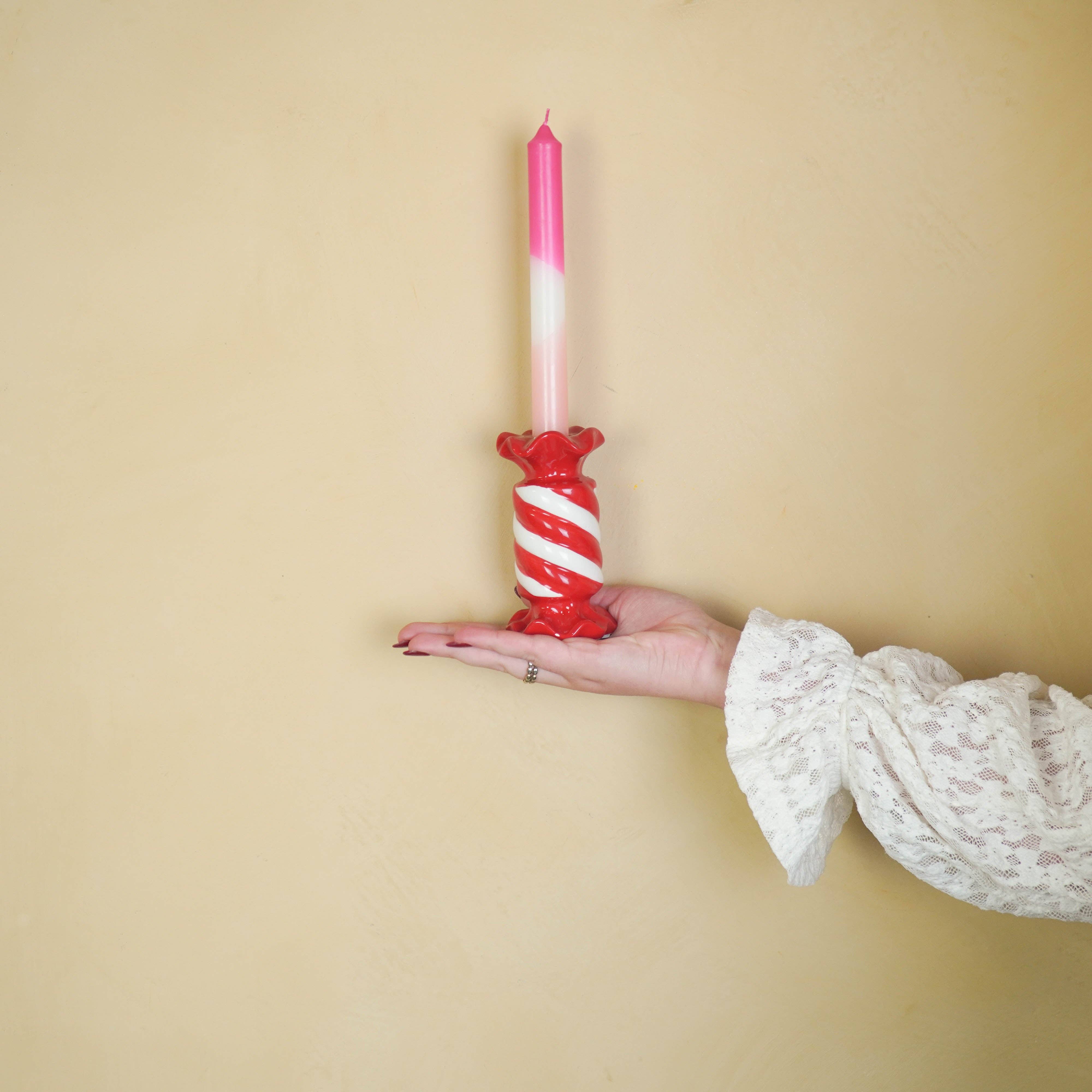 Housevitamin bv - Wholesale Candle Holder - Candle Holder- Toffee Candy - Ceramic- Red/ White- 7,5x7,5x13 cm6