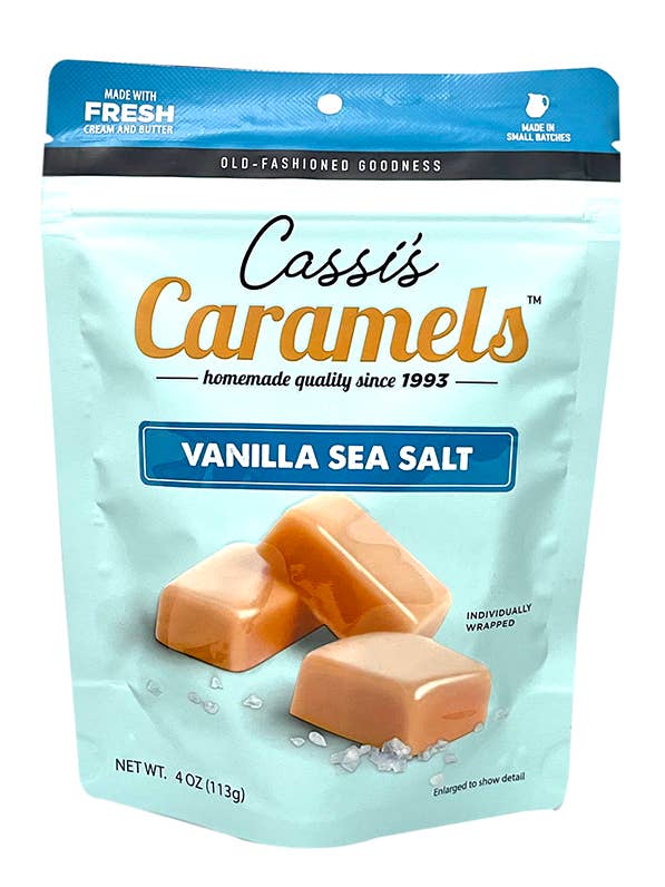 Cassi's Vanilla Sea Salt Caramels 12/4 OZ Resealable Bags for wholesale by Sunflower Food Company