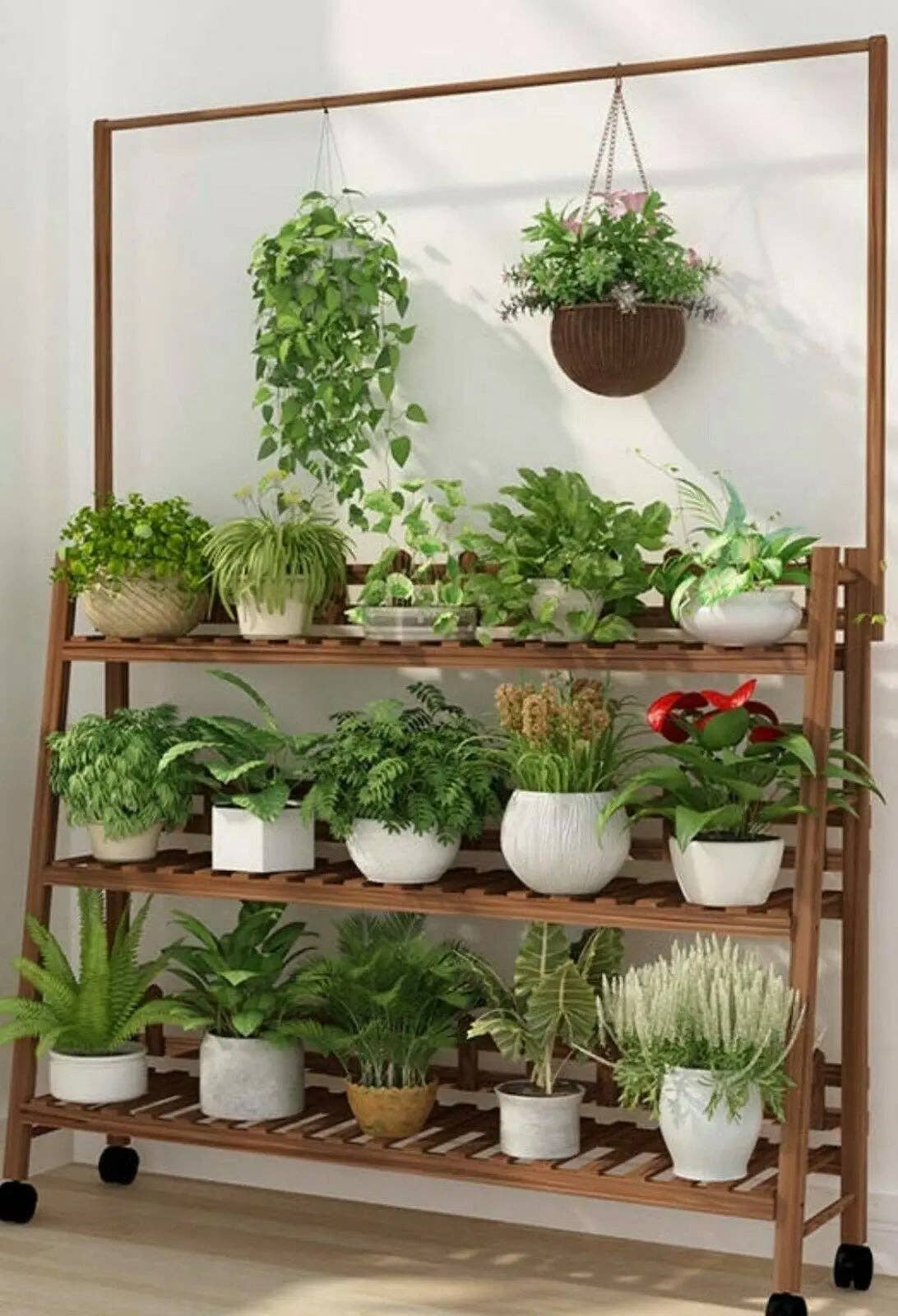 everythingbamboo - Vente Supports de plantes - Étagère porte-plante en pin massif avec barre suspendue, décor jardin intérieur et extérieur27