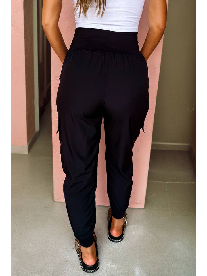 Black Elastic High Waist Pocketed Cargo Jogger Pants for wholesale on Faire2