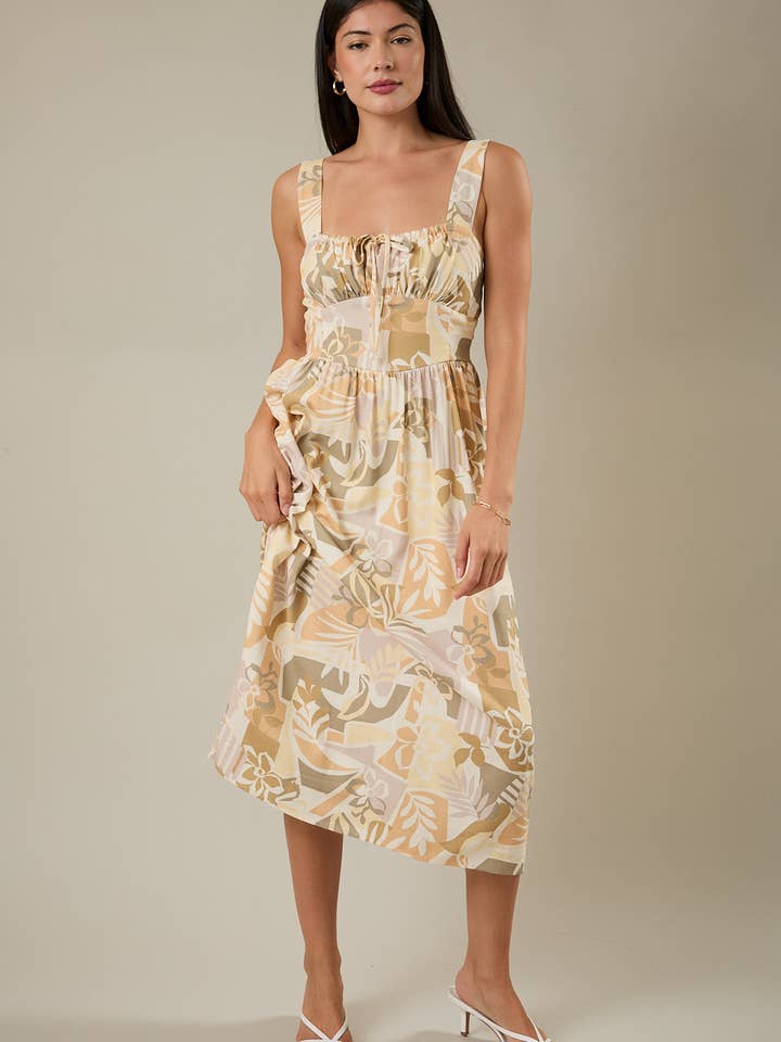 GATHERED BUST SMOCKING BACK ABSTRACT MIDI DRESS for wholesale by GILLI