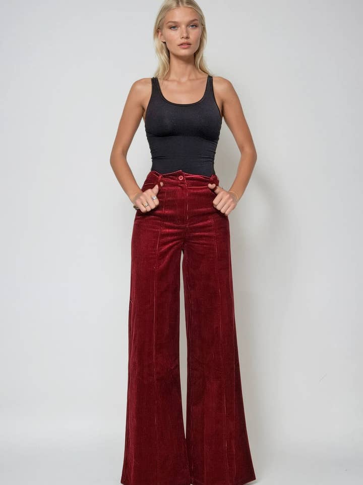 CORDUROY WIDE LEG PANTS W2472PID WINE XL for wholesale by WISTERIA LANE