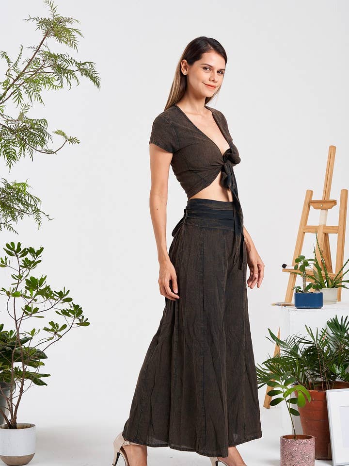 Solid Wide-Leg Elastic Waist Pants (KT-1407) for wholesale by Kathmandu Imports