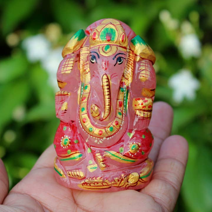Natural Rose Quartz Hand Carved Lord Ganesh for wholesale by Aura Vibes