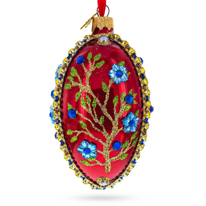 Blue Bejeweled Flowers on Red Glass Egg Ornament for wholesale by BestPysanky
