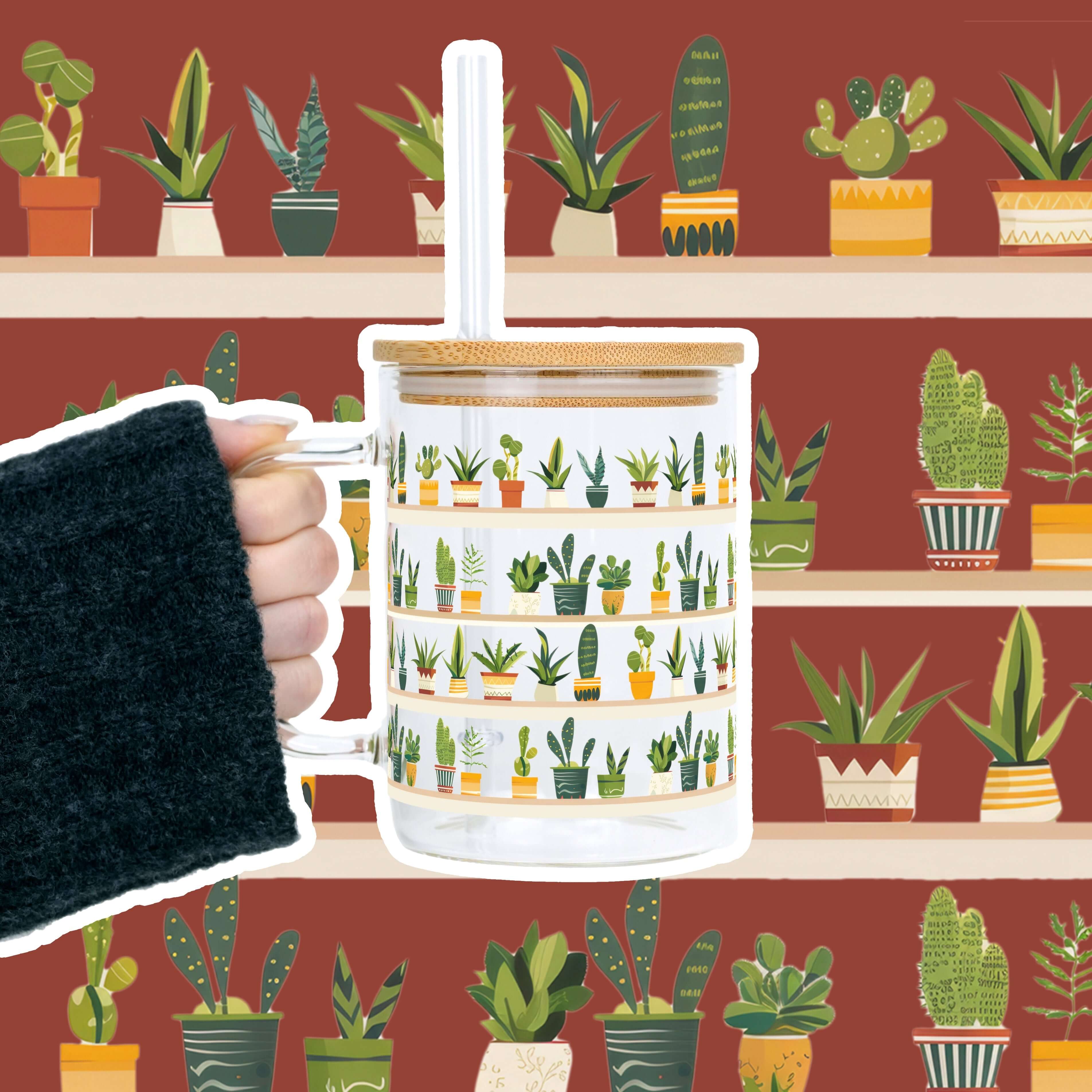 Sip-Sip Hooray! – wholesale Drinking glass/cup – The Succulent Lover 17oz Glass Mug With Lid and Straw1