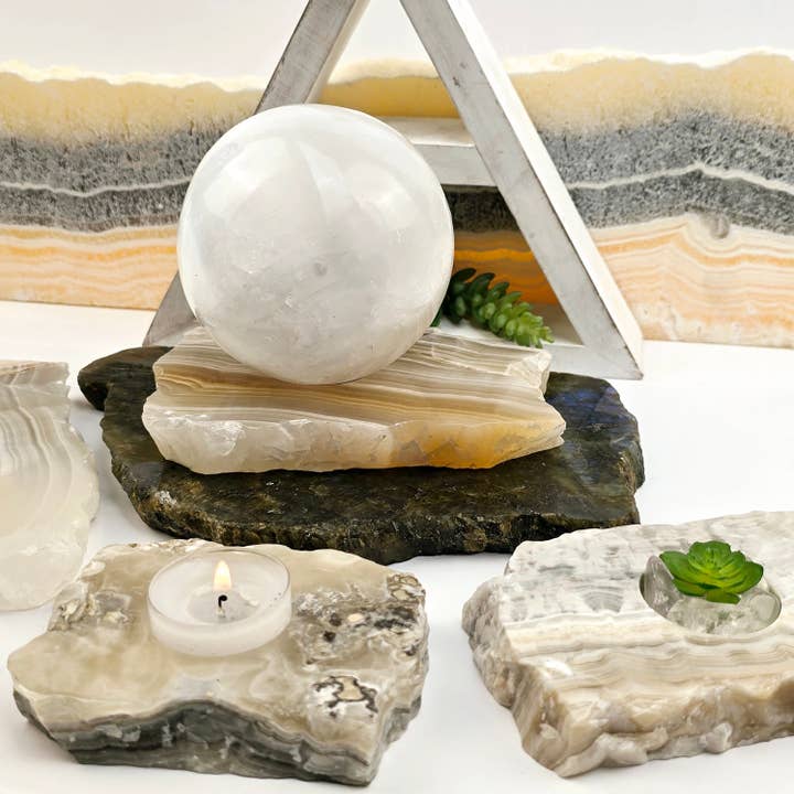 Grey Travertine Calcite - Grey Onyx - Crystal Candle Holder - By Size for wholesale by Rock Paradise