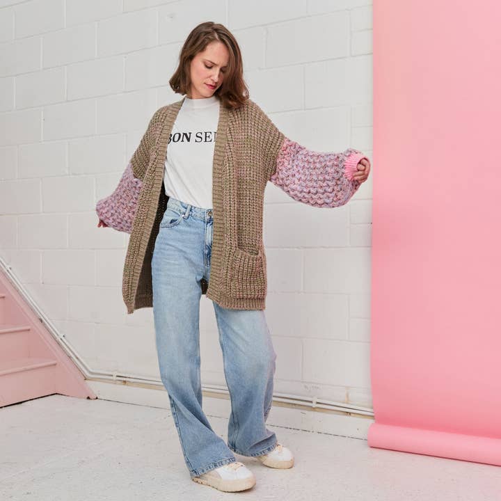 Cara & The Sky - Wholesale Cardigan - Women's - Madison Oversized Balloon Sleeve Knit Cardigan - Khaki Knit