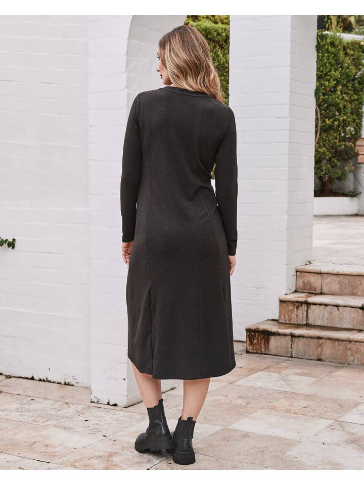 Angel Maternity - Wholesale Dress – Maternity - Eloise Maternity Waffle Knit Dress in Charcoal2