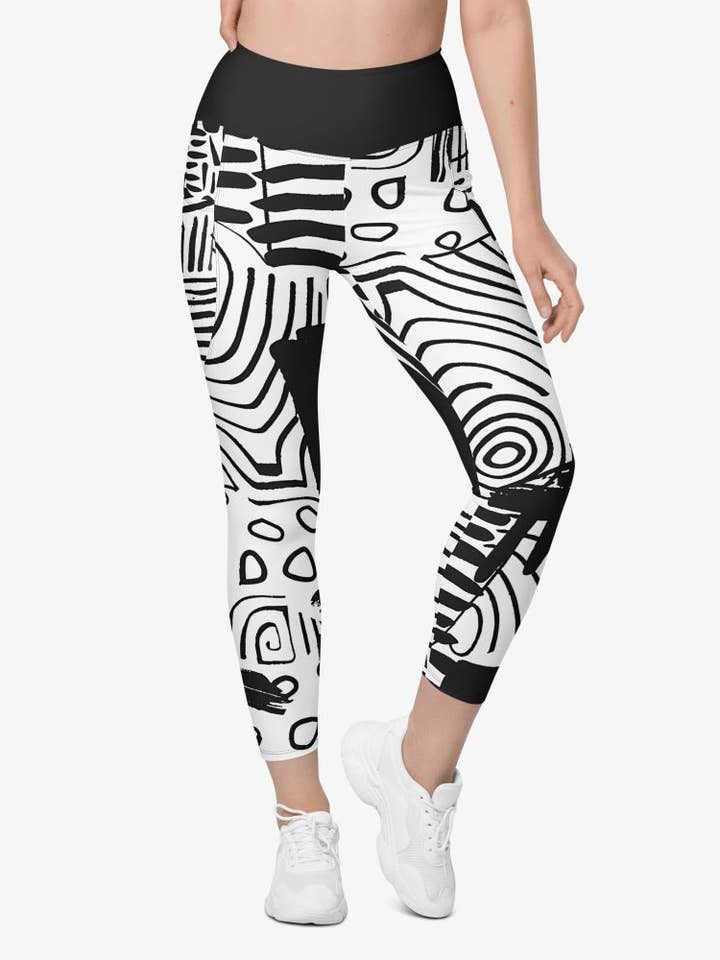 Recycled Printed Leggings "Black and Wow" Black/White with pockets for wholesale by Loony Legs