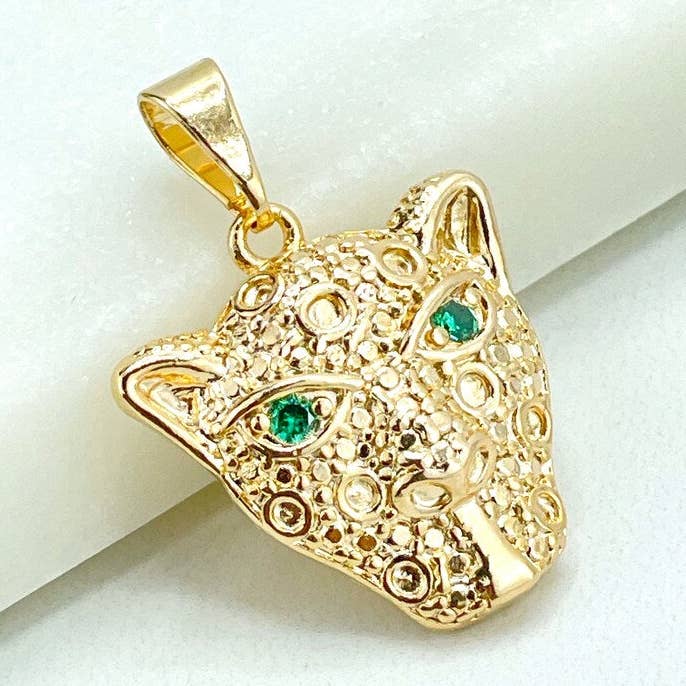 18k Gold Filled Green Micro Pave Cubic Zirconia Eyes of Panther Tiger Head Shape Texturized Charm Pendant for wholesale by Luxus Accessories