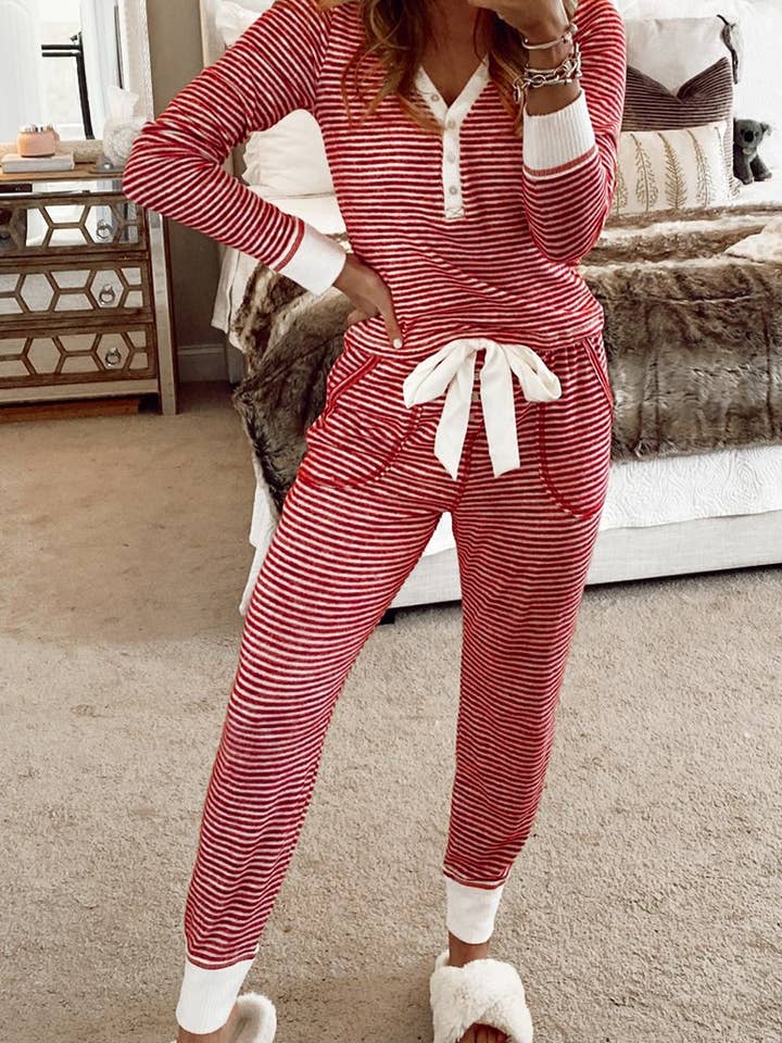 Stripe Buttoned V Neck Top and Knotted Waist Pants Lounge S for wholesale by Umorger