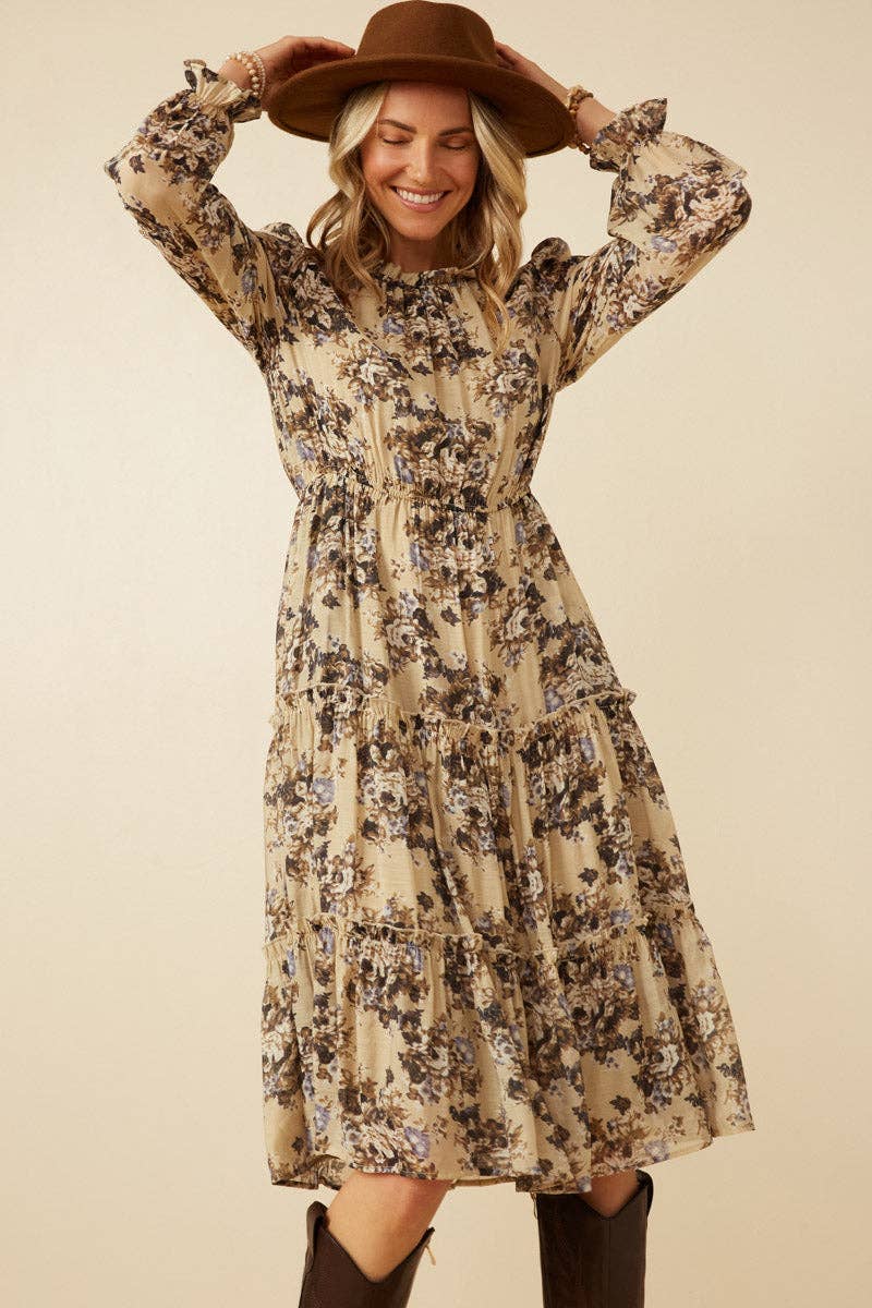 Taupe Damernas romantiska blommiga klänning med volangdetaljer i lager för wholesale på Faire12