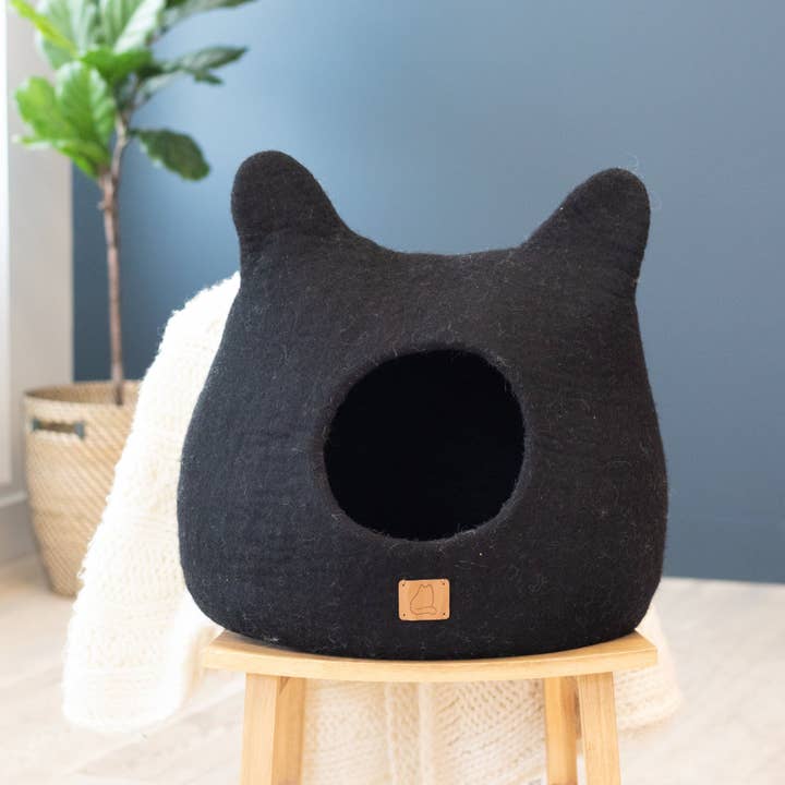 Fuzzy cove - Vendita all'ingrosso Grotta - Cani e gatti - Letto a forma di grotta con orecchie di gatto, stravagante, colore: nero