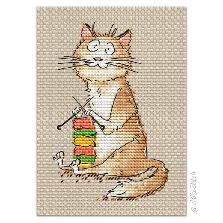 Knitting Mad Cat Cross Stitch Kit for wholesale by AKxStitch