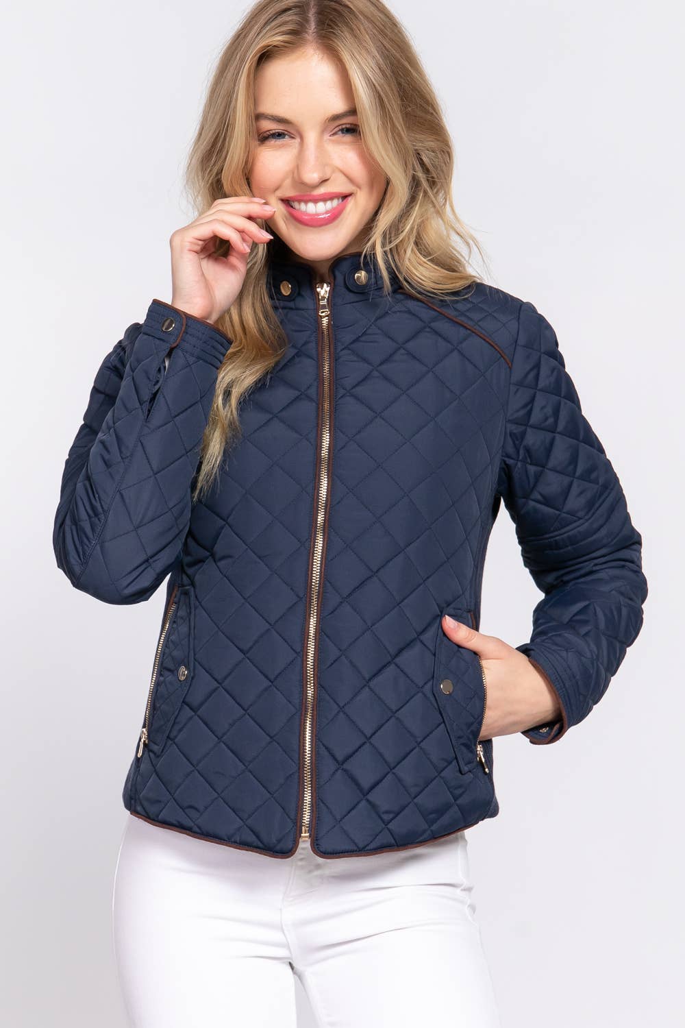 Active Basic | Active USA - Wholesale Pufferjack - Dames - Ribgewatteerde gewatteerde jas van suède met paspeldetails 49
