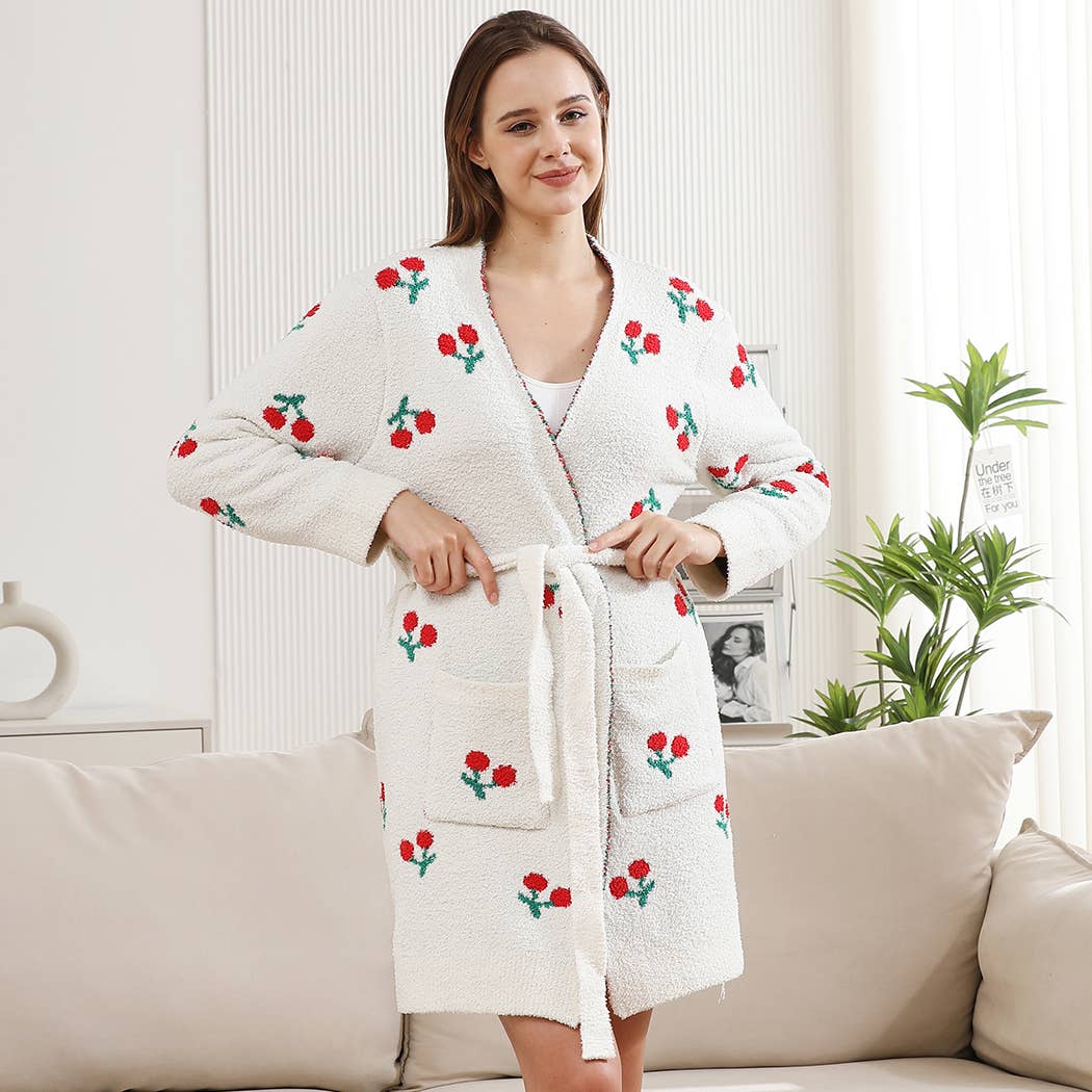 Cute Cherry Print Cozy Robe with Pocket & Belt for wholesale on Faire4
