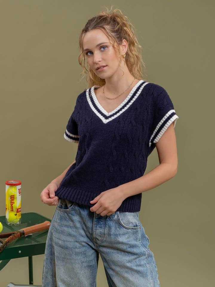 CABLEKNIT DOLMAN SHORT SLEEVE SWEATER for wholesale by Blu Pepper