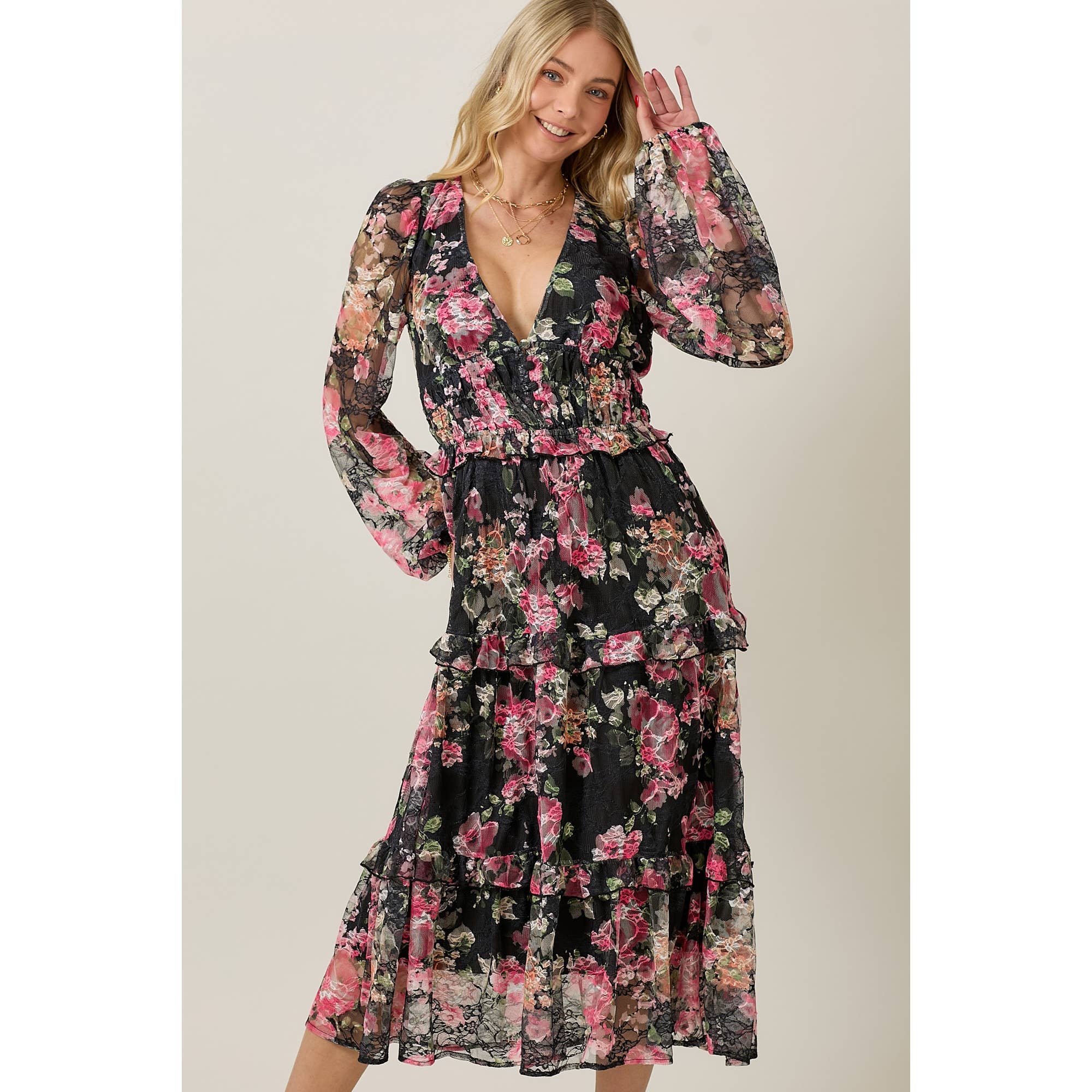 SKYLAR ROSE – wholesale Dress – Women's – FLORAL LACE LONG SLEEVE TIERED MIDI DRESS11