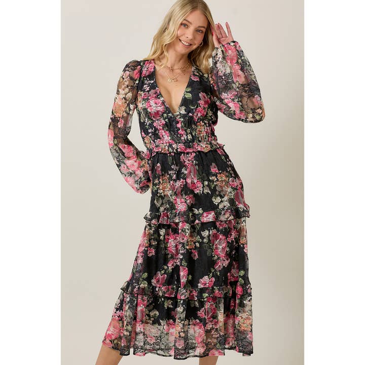 SKYLAR ROSE - Wholesale Dress - Women's - FLORAL LACE LONG SLEEVE TIERED MIDI DRESS11