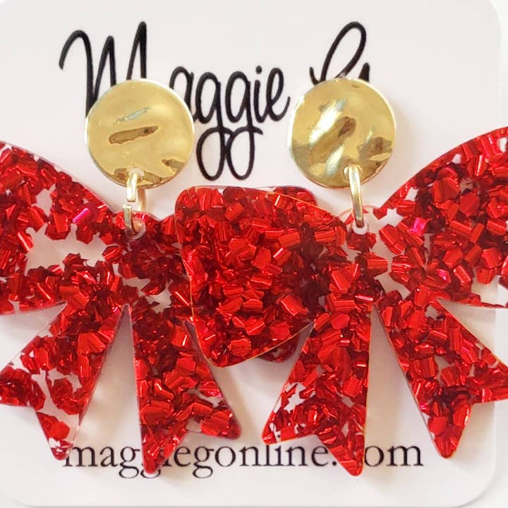 Maggie G - Wholesale Dangle Earrings - Bow earrings | Custom Earrings | Christmas | Handmade Chunky Red Glitter