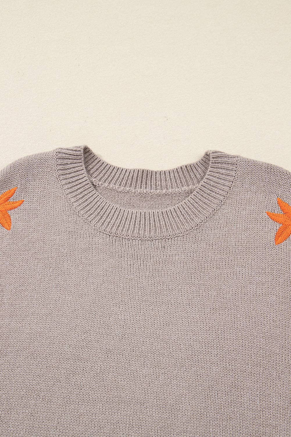 Simply Taupe Floral Embroidered Sleeve Round Neck Sweater for wholesale on Faire2