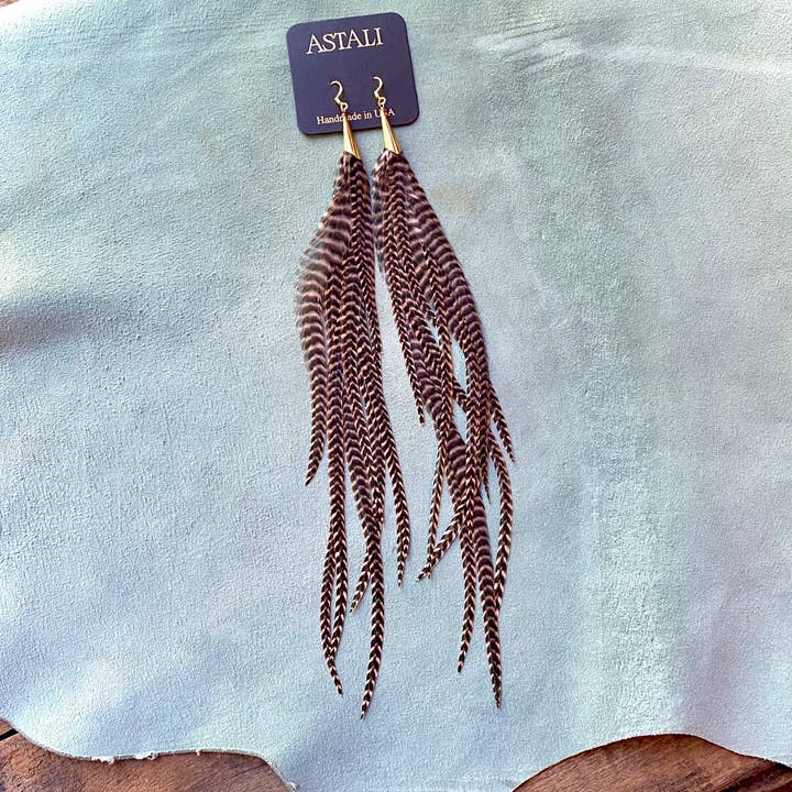 ASTALI - Wholesale Tassel Earrings - Long Feather & Cone Earrings - Coral Grizzly/Gold, Western1